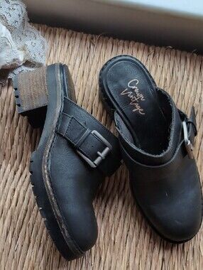 Crown Vintage Black Slip-On Leather Clogs with Buckle